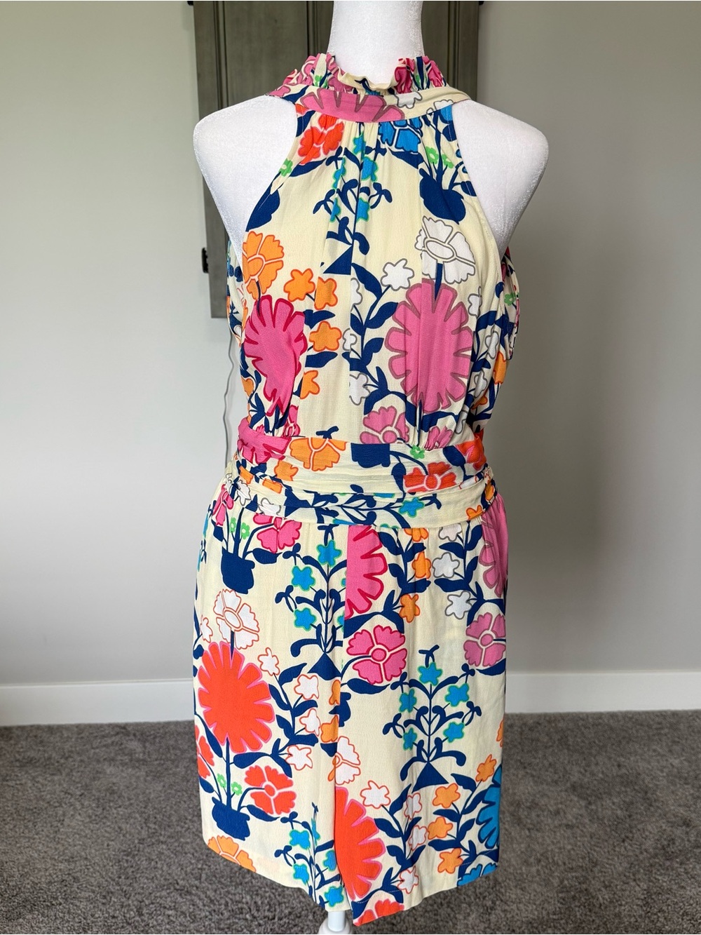 NWTPlenty by Tracy Reese Cream Halter Floral romper with Pink, Orange & Blue